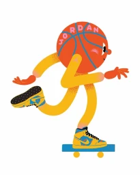 Illustration of a personified basketball character with yellow limbs skateboarding against a white background