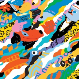 Vibrant abstract vector illustration by Brolga featuring colorful cartoon characters, animals, and graphic patterns.