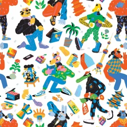 Colorful illustrated pattern featuring anthropomorphic animal and human characters engaged in various activities on white background.