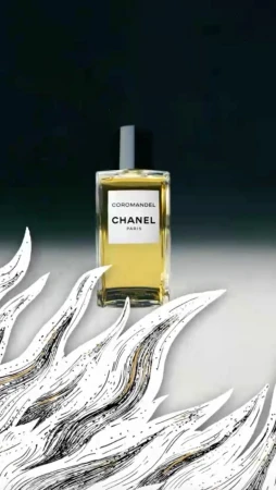 Chanel Coromandel perfume bottle on a gray background with white floral graphics. Elegant product shot for beauty and fashion.