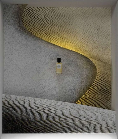 Perfume bottle on sand dune background, neutral color palette, product shot, minimalist style, elegant presentation for fragrance marketing.