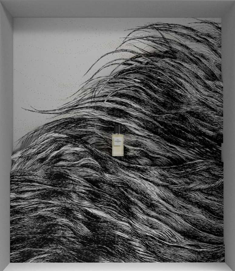 Perfume bottle in a square frame surrounded by a black and white abstract art illustration. Beauty and personal care product still life.
