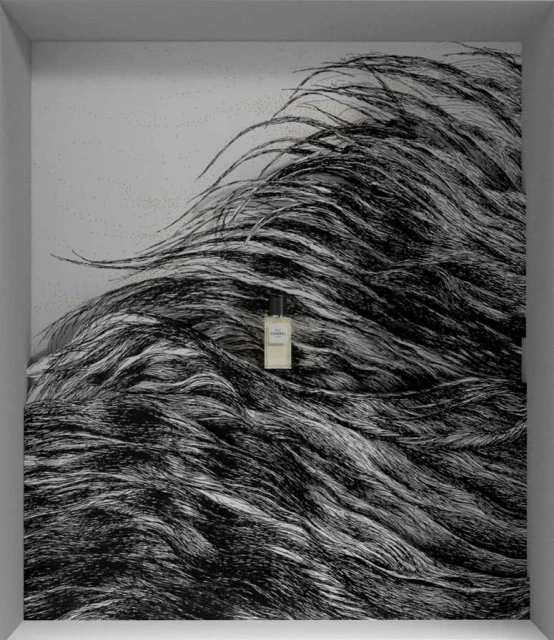 Perfume bottle in a square frame surrounded by a black and white abstract art illustration. Beauty and personal care product still life.