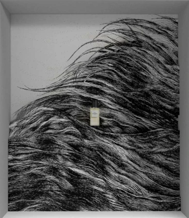 Perfume bottle in a square frame surrounded by a black and white abstract art illustration. Beauty and personal care product still life.