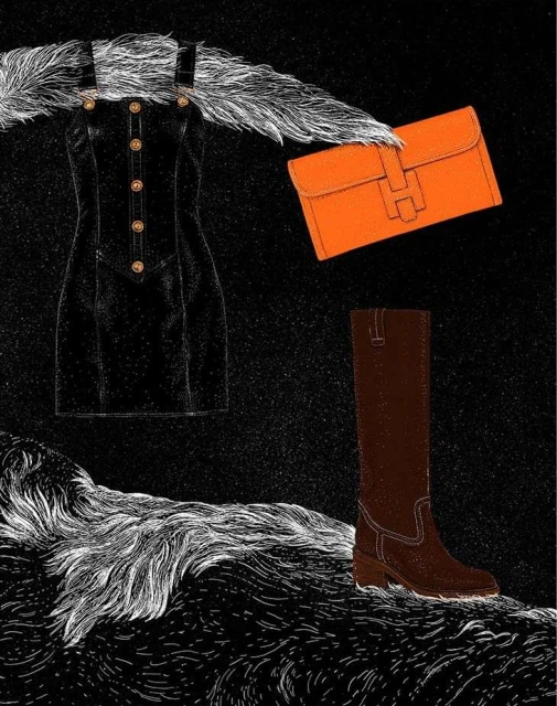 Illustration of a black dress with gold buttons, orange clutch purse, and brown boot on a textured black and white background.