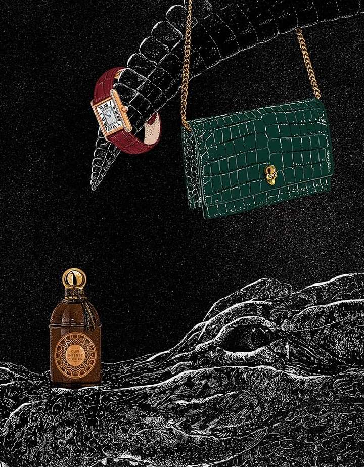 Illustration of a gold watch, dark green handbag, and brown perfume bottle resting on a textured, crocodile-like surface against a black background.