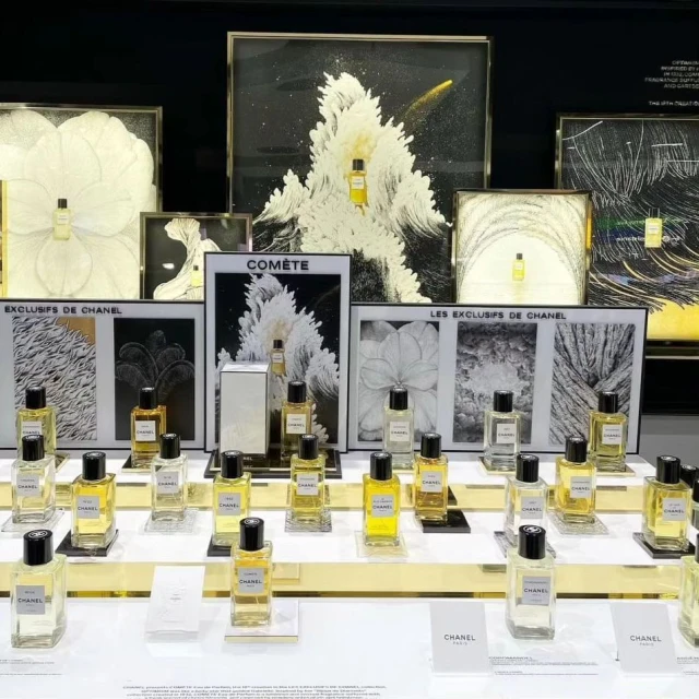 Display of Chanel perfume bottles behind framed pictures in a retail environment. The perfumes are evenly arranged on the shelves.