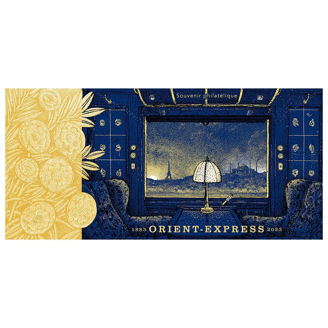 Illustration of a vintage Orient Express train interior with armchairs, a lamp, and a view of the Eiffel Tower at dusk.