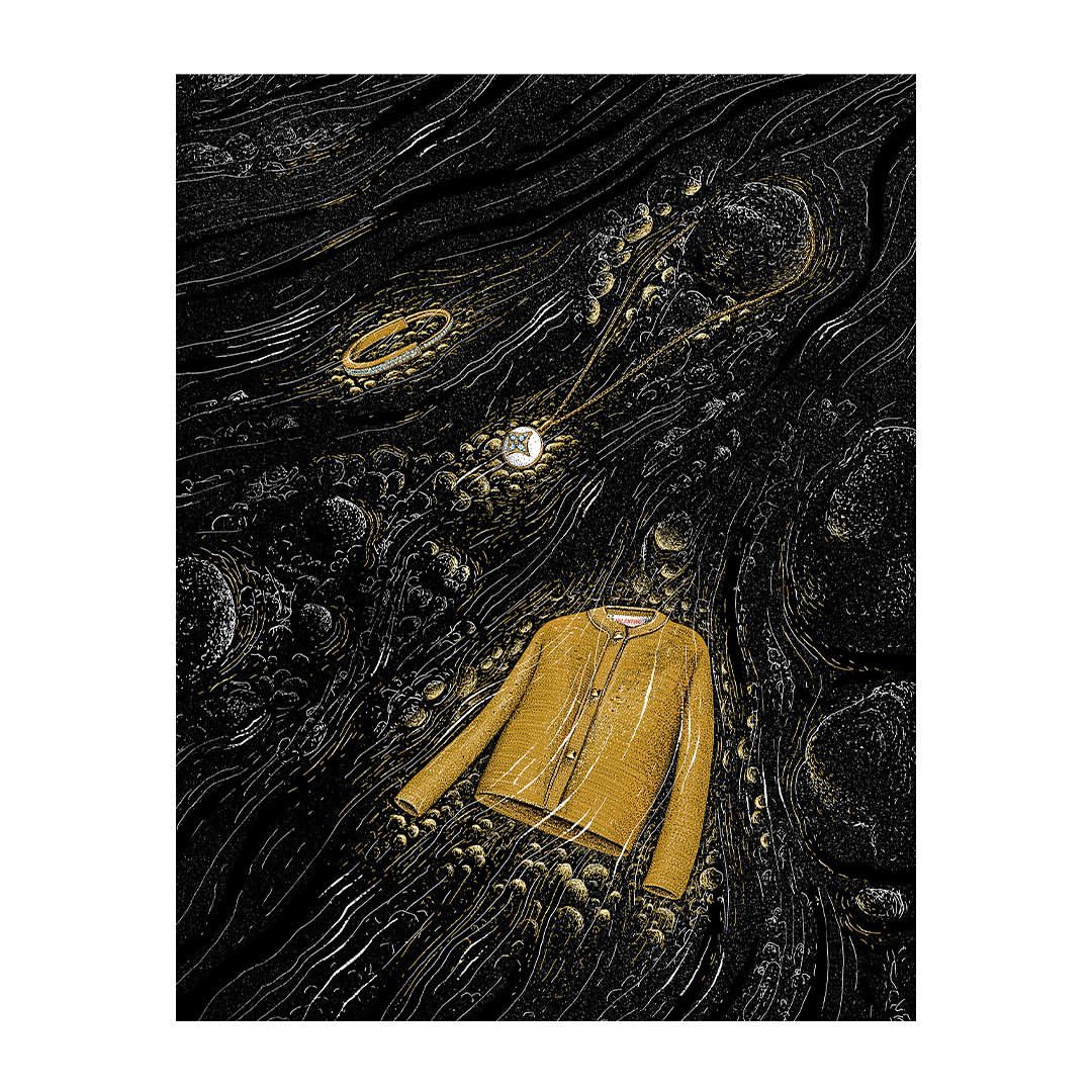 Illustration of a yellow cardigan sweater floating in a dark, textured space with orb-like shapes and flowing, stream-like lines. 