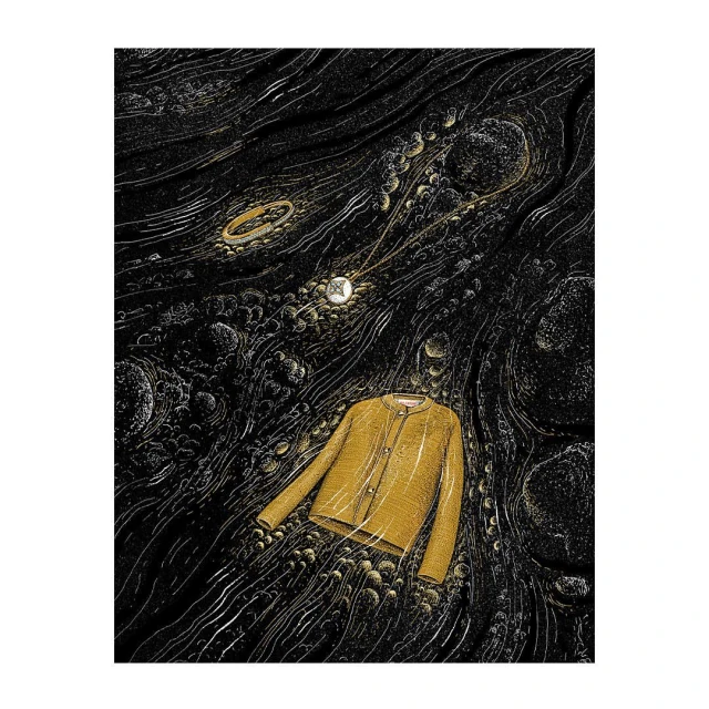 Illustration of a yellow cardigan sweater floating in a dark, textured space with orb-like shapes and flowing, stream-like lines. 