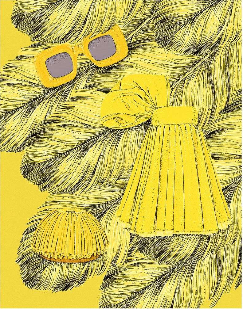 Fashion illustration featuring yellow skirt, sunglasses, and hat with hand-drawn feather background creating a vibrant, eye-catching visual.