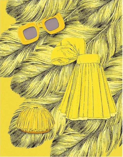 Fashion illustration featuring yellow skirt, sunglasses, and hat with hand-drawn feather background creating a vibrant, eye-catching visual.