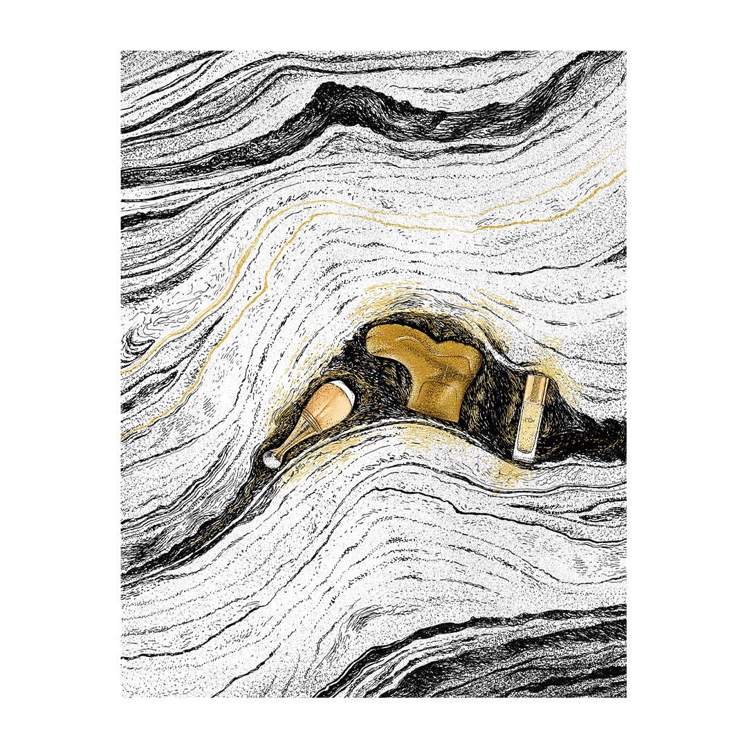 Abstract art illustration featuring a gold cosmetics tube, gold rock sculpture, and gold fragrance spray bottle on a black and white striped background.