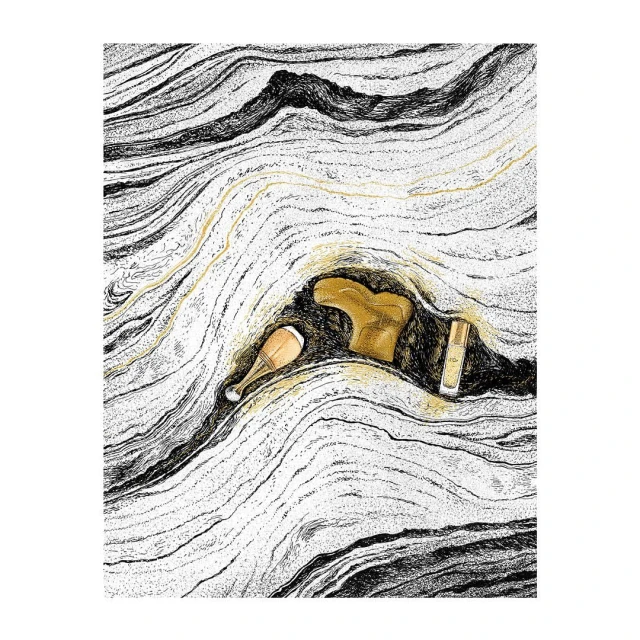 Abstract art illustration featuring a gold cosmetics tube, gold rock sculpture, and gold fragrance spray bottle on a black and white striped background.