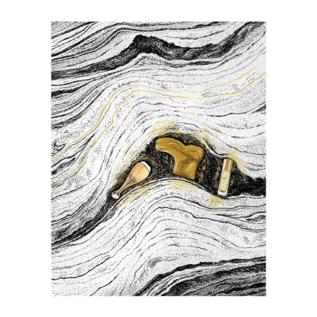 Abstract art illustration featuring a gold cosmetics tube, gold rock sculpture, and gold fragrance spray bottle on a black and white striped background.