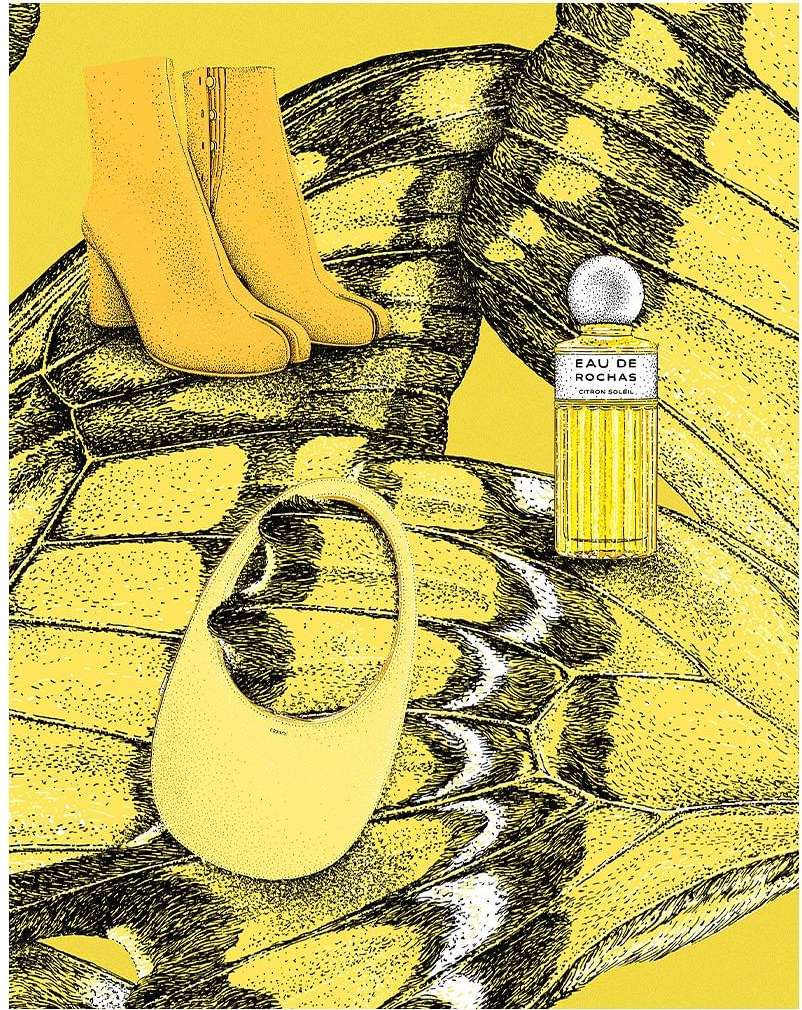 Stylized fashion product shot: yellow ankle boots, handbag, and perfume bottle on a butterfly wing pattern background in an illustration.