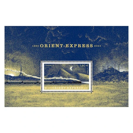 Illustration of the Orient Express train against a stylized landscape featuring the Eiffel Tower and mountains on a postage stamp.