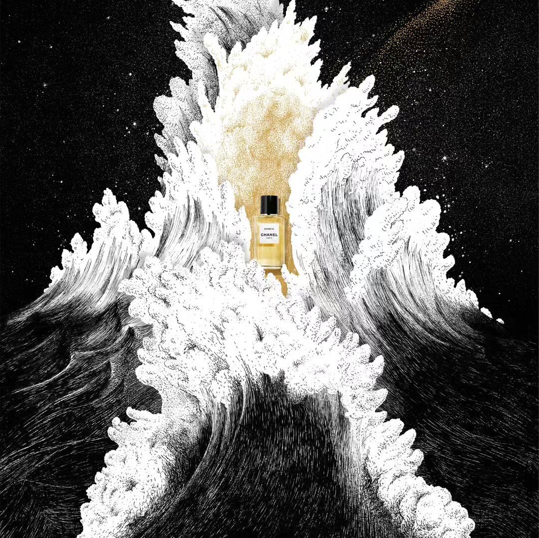Chanel perfume bottle illustration against a backdrop of stylized white-capped waves and a starry black sky with golden accents.