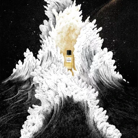 Chanel perfume bottle illustration against a backdrop of stylized white-capped waves and a starry black sky with golden accents.