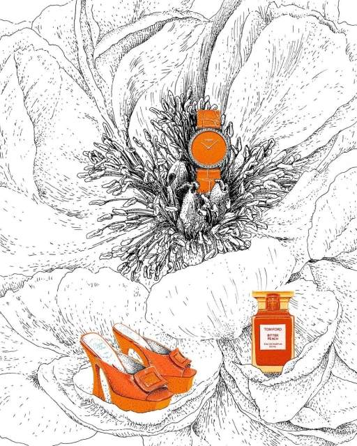 Artistic fashion product layout featuring orange watch, high heels, and perfume bottle amidst a black-and-white flower illustration.