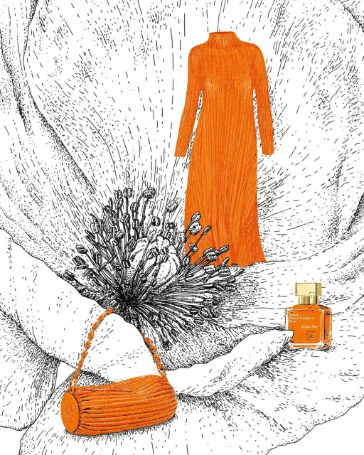 Fashion still life featuring a pleated orange dress, purse, and perfume bottle against a black and white illustrated floral background.