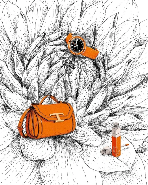 Fashion editorial featuring an orange Tod's handbag, watch, and lipstick against a black and white flower background, creating a vibrant, stylish still life.