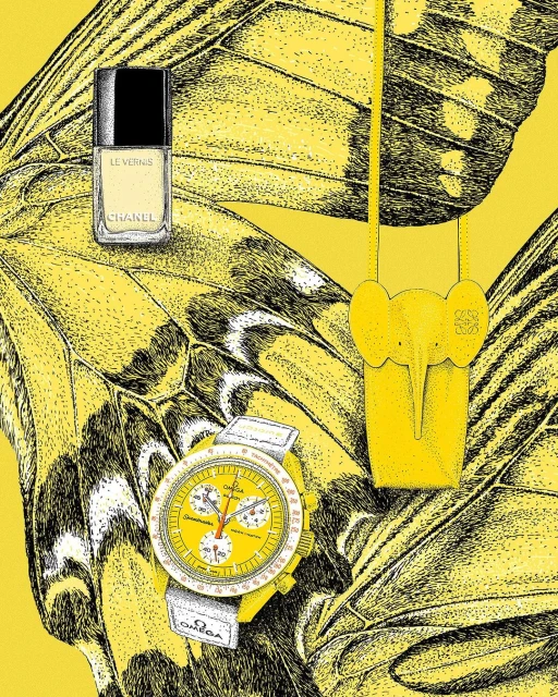 Illustration of a Chanel nail polish bottle, a Loewe elephant bag, and an Omega watch on a yellow butterfly wings background.