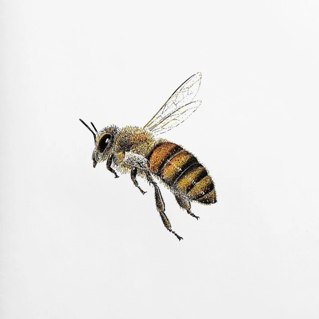 Illustration of a honeybee in flight with detailed wings and striped abdomen against a clean white background, showcasing biological detail.