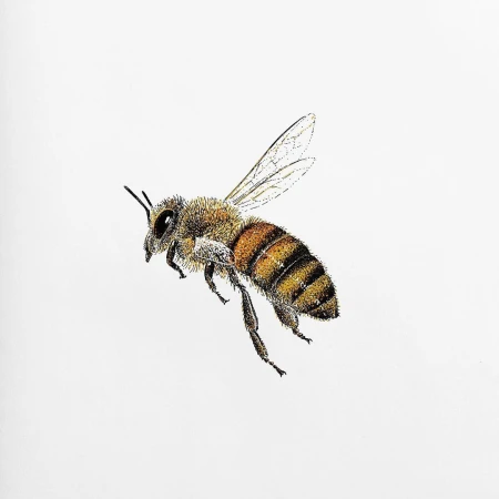 Illustration of a honeybee in flight with detailed wings and striped abdomen against a clean white background, showcasing biological detail.