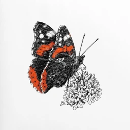 Detailed ink illustration of a butterfly perched on a cluster of small flowers against a plain white background.