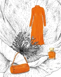 Detailed ink illustration featuring vibrant orange fashion items including a long-sleeve dress, handbag, and perfume bottle against a patterned backdrop