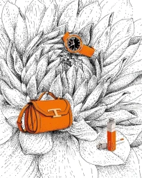 Detailed ink stippling illustration of a large flower layered with an orange handbag, an orange watch, and a small orange cosmetic product.