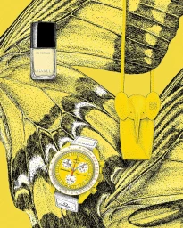 Detailed ink and stipple illustration of a yellow butterfly wing overlaid with luxury accessories against a vibrant yellow background