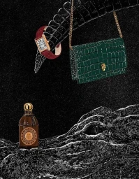 Detailed digital illustration by Broll & Prascida featuring luxury accessories against a textured dark background