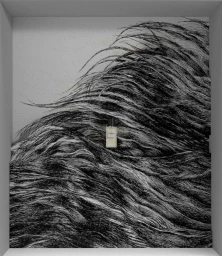 A perfume bottle rests on a detailed paper art installation of sweeping black hair strands against a grey background.