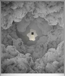 A perfume bottle positioned in the center of a textured, stippled cavern formed by layered paper clouds.