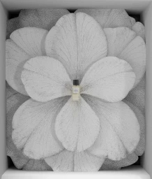 A small perfume bottle rests at the center of a large, textured white paper flower installation in Paris by Broll & Prascida.