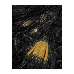 Detailed ink illustration by Broll & Prascida of a yellow jacket, gold bracelet, and pendant floating over dark swirling water and stones.