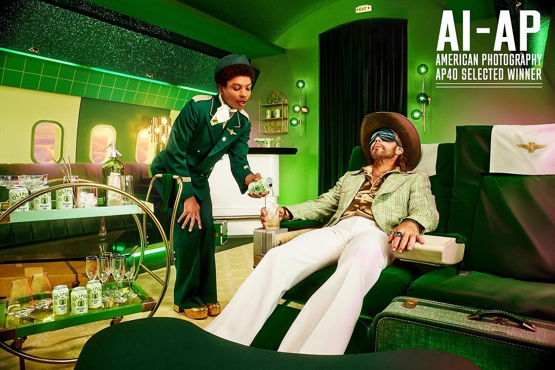 Stylish image of a man reclining on a green airplane seat, being served a drink by a flight attendant in retro green uniform.