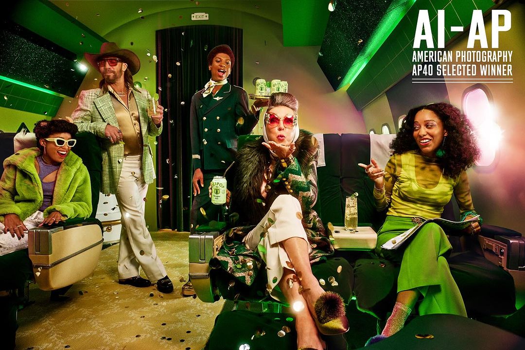Group of five people in vintage green-toned outfits are posing on an airplane, celebrating with confetti and drinks in a retro style.