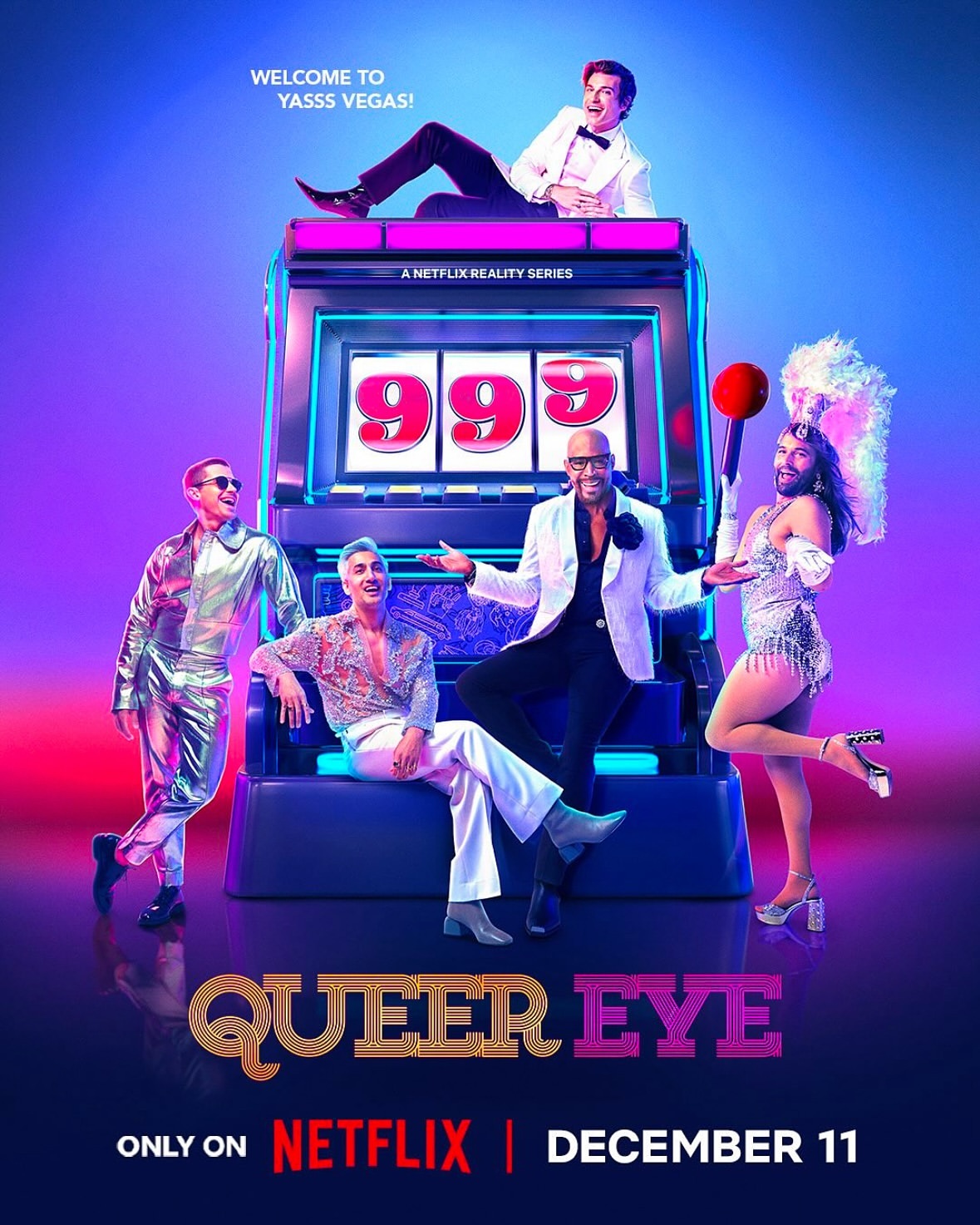 Promotional poster for Queer Eye season featuring the Fab Five on a vibrant purple background and in front of a slot machine.