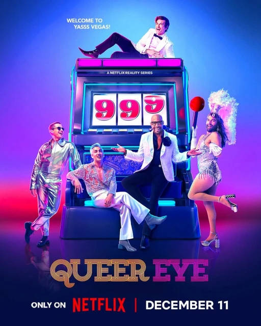 Promotional poster for Queer Eye season featuring the Fab Five on a vibrant purple background and in front of a slot machine.