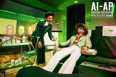 Flight attendant pouring canned beverage for seated man wearing cowboy hat and eye mask inside a green airplane interior.