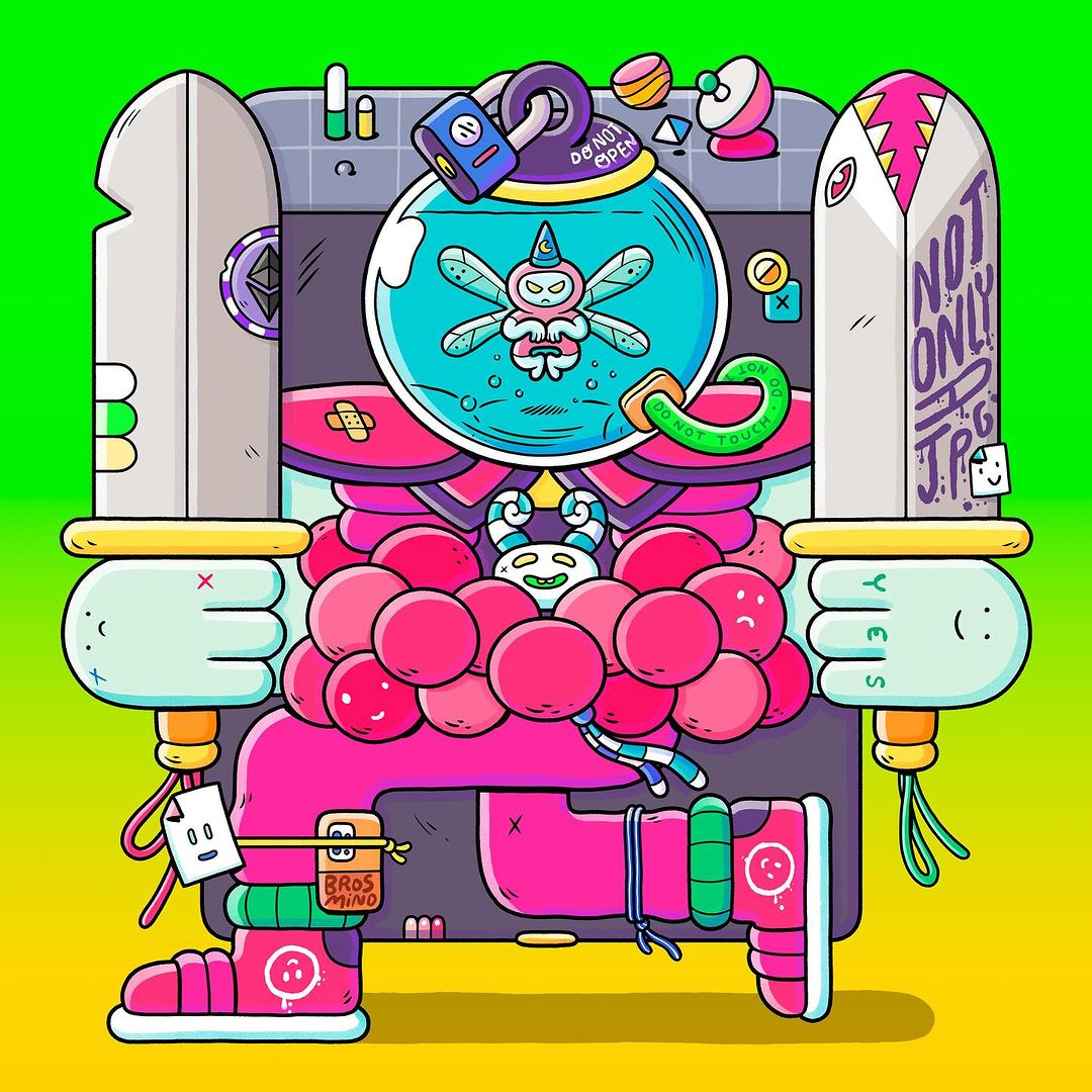 Illustration of cartoon character with swords, round pink objects, and a glass container featuring a winged creature on a green background.