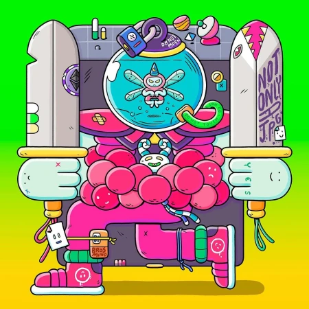 Illustration of cartoon character with swords, round pink objects, and a glass container featuring a winged creature on a green background.