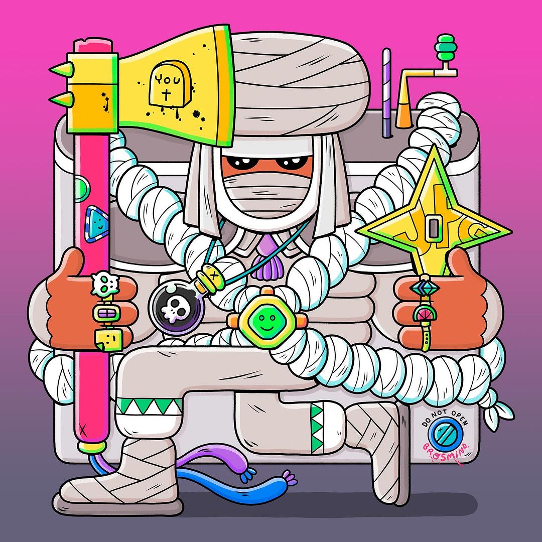 Whimsical cartoon art: bandaged mummy figure with a quirky axe, golden shuriken, rings, potions against a pink gradient backdrop.