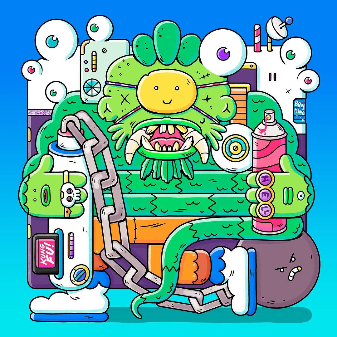 Whimsical vector illustration of a green cartoon monster character holding a spray can, featuring vibrant colors and playful design elements.