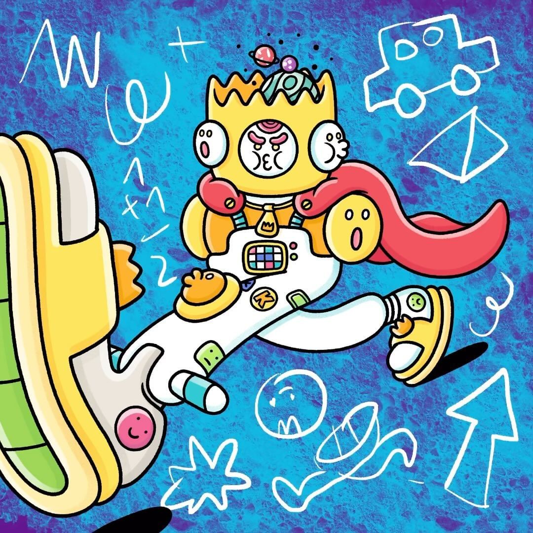 Whimsical cartoon drawing of a cartoon-like character in a white suit, yellow crown, and orange cape, against a blue backdrop with doodles.