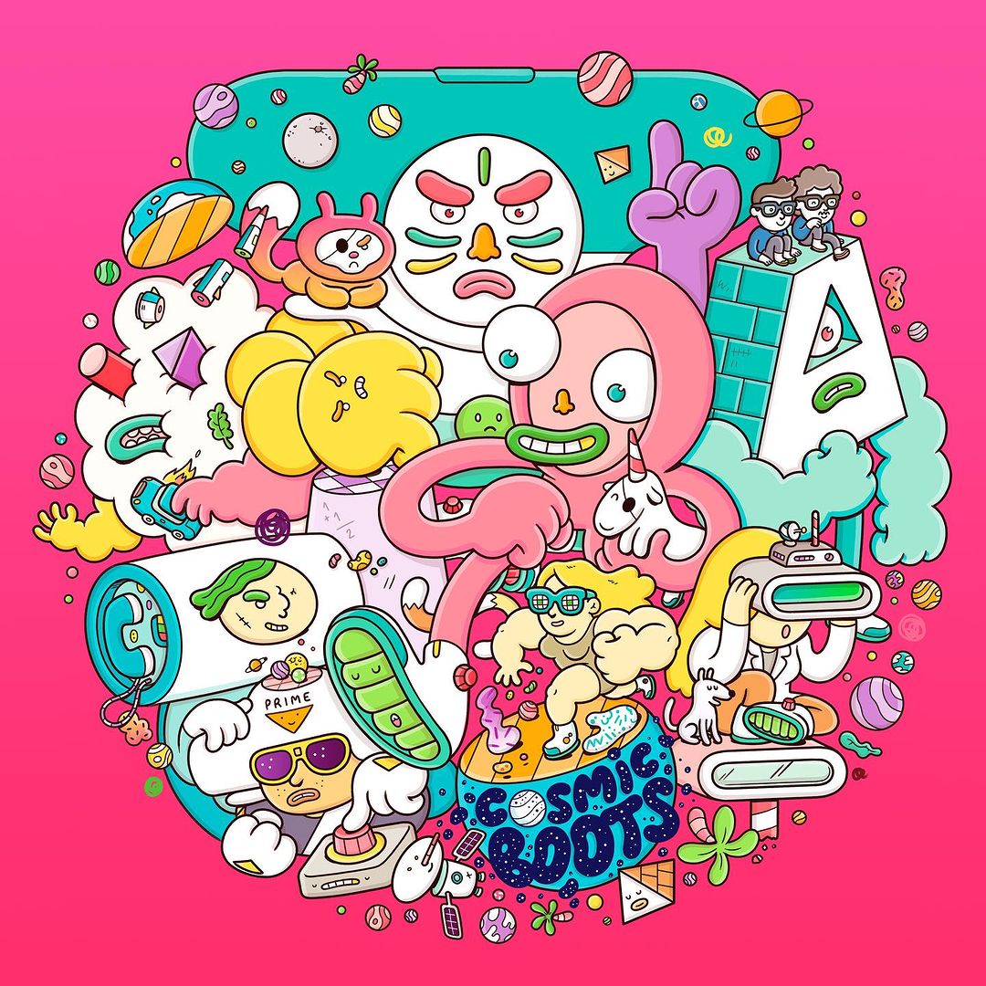 Vibrant cartoon graphic art with whimsical characters, pastel colors, and playful design elements floating on a pink gradient background.