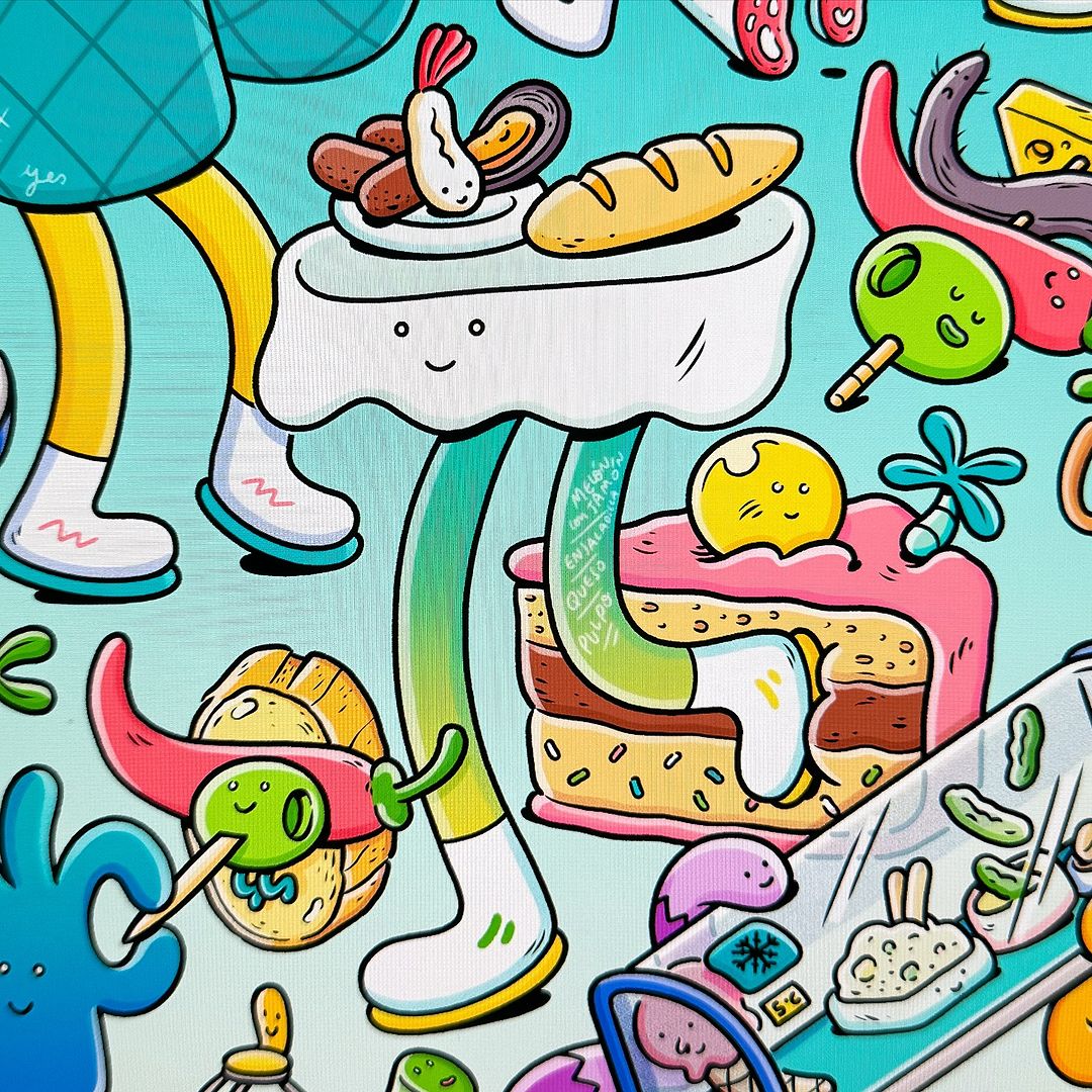 Playful food illustration with cartoon characters of food items including cake, bread, seafood, and olives, set against a light blue background.